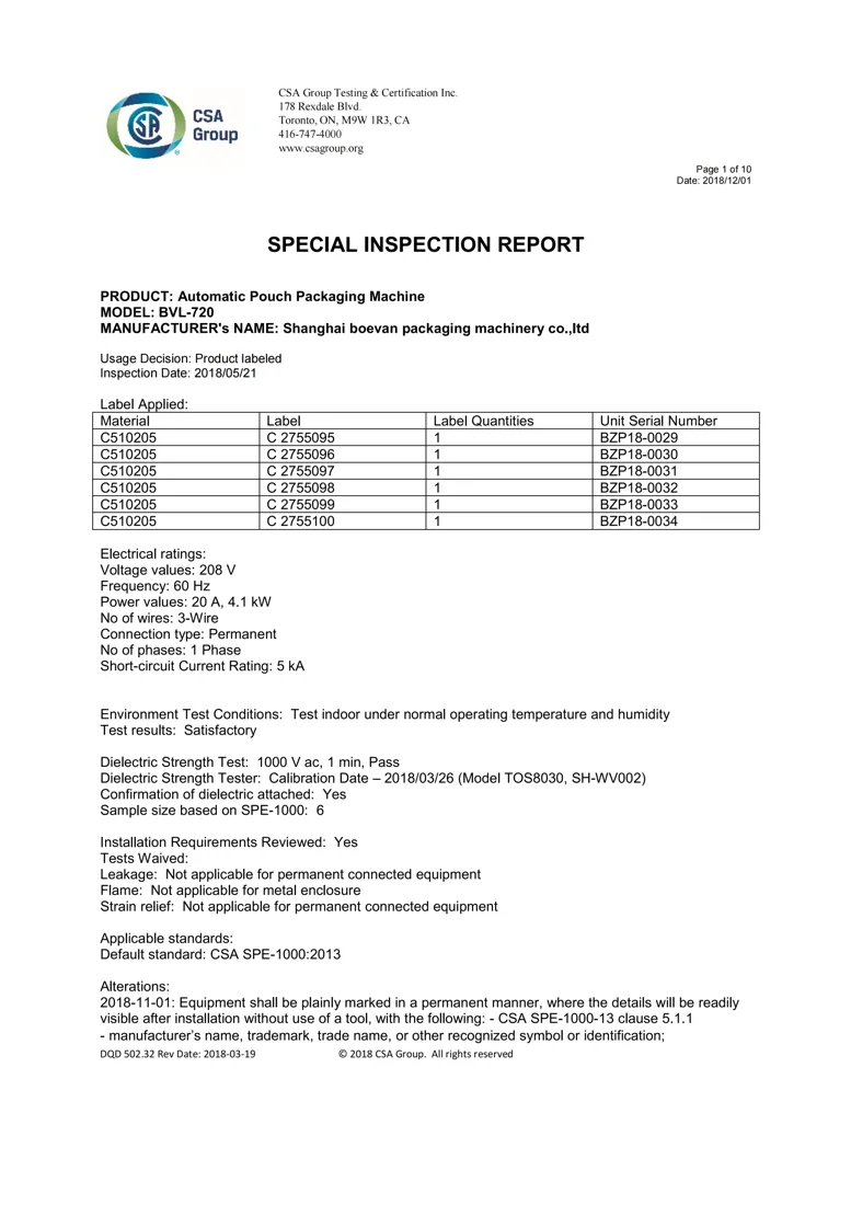 Boevan CSA Inspection Report